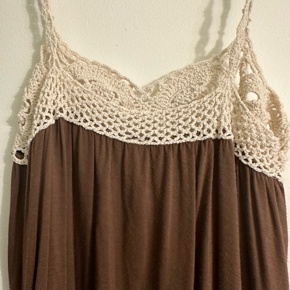 Loose fitting spaghetti strap  with crocheted top